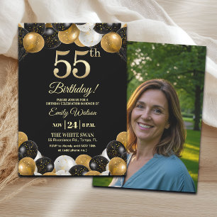 Elegant Black Gold Glitter 55th Birthday Photo Invitation