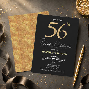 Elegant Black Gold Glitter 56th Birthday Party Invitation
