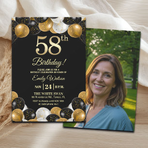 Elegant Black Gold Glitter 58th Birthday Photo Invitation