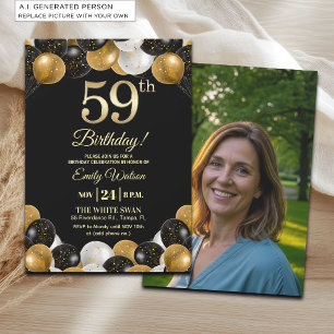 Elegant Black Gold Glitter 59th Birthday Photo Invitation