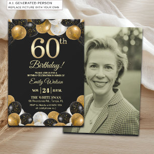 Elegant Black Gold Glitter 60th Birthday Photo Invitation