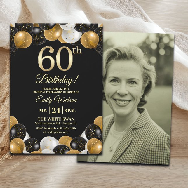 Elegant Black Gold Glitter 60th Birthday Photo Invitation (Creator Uploaded)