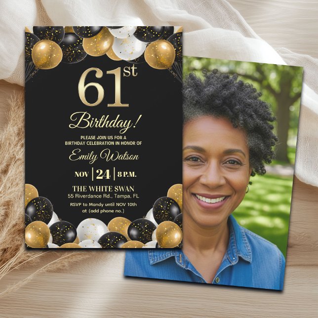 Elegant Black Gold Glitter 61st Birthday Photo Invitation (Creator Uploaded)