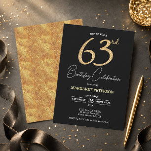 Elegant Black Gold Glitter 63rd Birthday Party Invitation