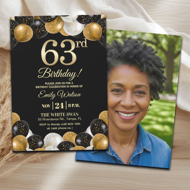 Elegant Black Gold Glitter 63rd Birthday Photo Invitation (Creator Uploaded)