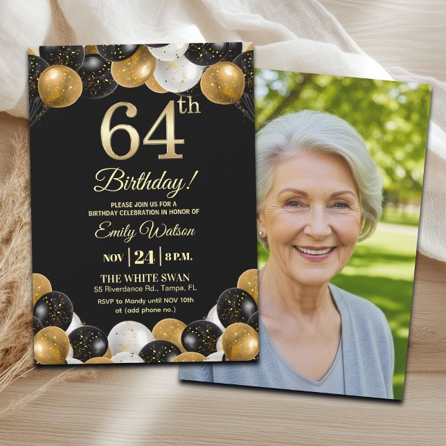 Elegant Black Gold Glitter 64th Birthday Photo Invitation (Creator Uploaded)