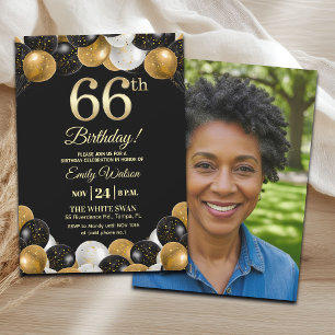Elegant Black Gold Glitter 66th Birthday Photo Invitation