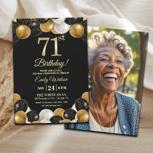 Elegant Black Gold Glitter 71st Birthday Photo Invitation
