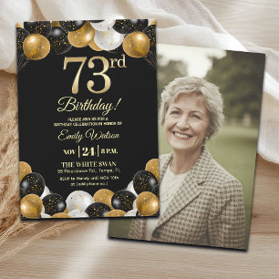 Elegant Black Gold Glitter 73rd Birthday Photo Invitation