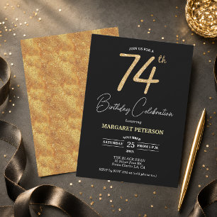 Elegant Black Gold Glitter 74th Birthday Party Invitation