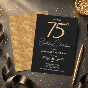 Elegant Black Gold Glitter 75th Birthday Party Invitation