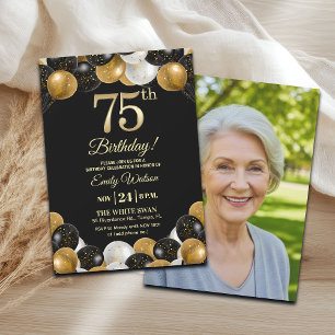 Elegant Black Gold Glitter 75th Birthday Photo Invitation