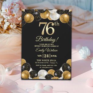 Elegant Black Gold Glitter 76th Birthday Invitation