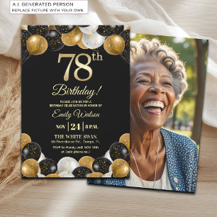 Elegant Black Gold Glitter 78th Birthday Photo Invitation
