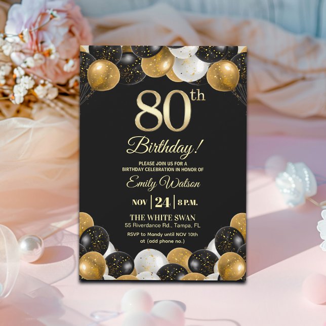 Elegant Black Gold Glitter 80th Birthday Invitation (Creator Uploaded)