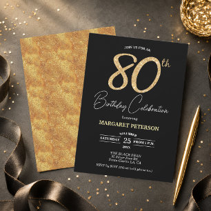 Elegant Black Gold Glitter 80th Birthday Party Invitation