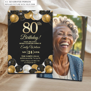 Elegant Black Gold Glitter 80th Birthday Photo Invitation