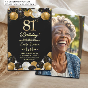 Elegant Black Gold Glitter 81st Birthday Photo Invitation