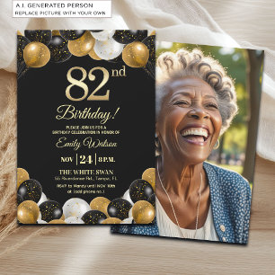 Elegant Black Gold Glitter 82nd Birthday Photo Invitation