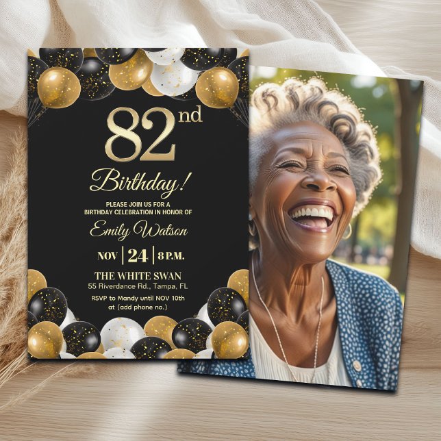 Elegant Black Gold Glitter 82nd Birthday Photo Invitation (Creator Uploaded)