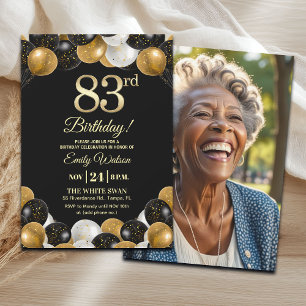 Elegant Black Gold Glitter 83rd Birthday Photo Invitation