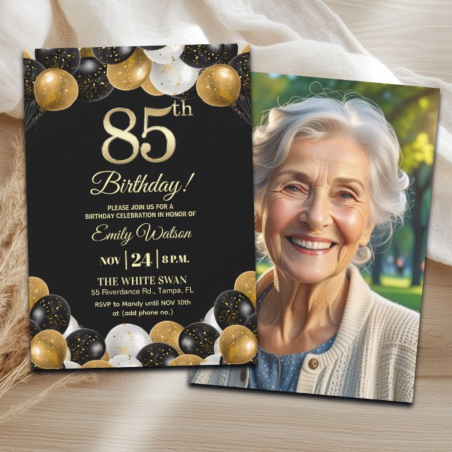 Elegant Black Gold Glitter 85th Birthday Photo Invitation (Creator Uploaded)