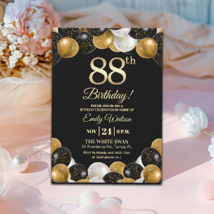 Elegant Black Gold Glitter 88th Birthday Invitation