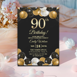 Elegant Black Gold Glitter 90th Birthday Invitation