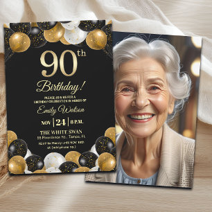 Elegant Black Gold Glitter 90th Birthday Photo Invitation