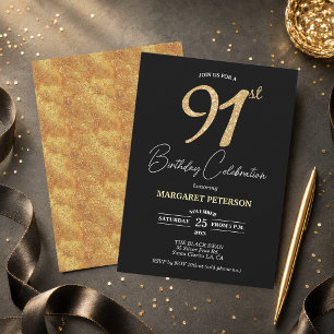 Elegant Black Gold Glitter 91st Birthday Party Invitation