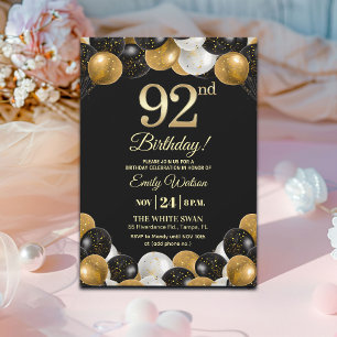 Elegant Black Gold Glitter 92nd Birthday Invitation
