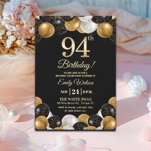Elegant Black Gold Glitter 94th Birthday Invitation