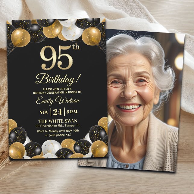 Elegant Black Gold Glitter 95th Birthday Photo Invitation (Creator Uploaded)