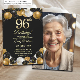 Elegant Black Gold Glitter 96th Birthday Photo Invitation