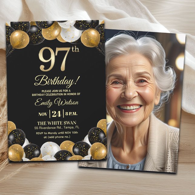Elegant Black Gold Glitter 97th Birthday Photo Invitation (Creator Uploaded)