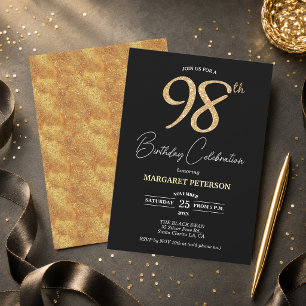 Elegant Black Gold Glitter 98th Birthday Party Invitation