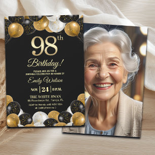 Elegant Black Gold Glitter 98th Birthday Photo Invitation