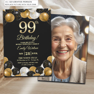 Elegant Black Gold Glitter 99th Birthday Photo Invitation