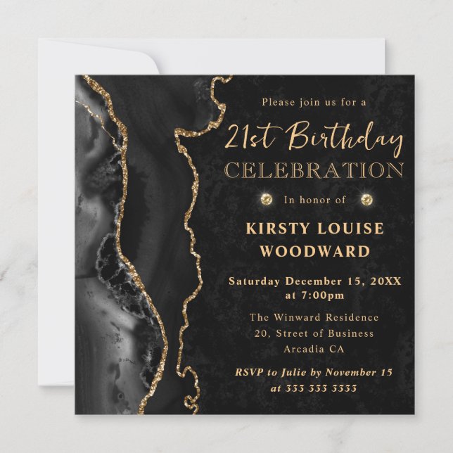 Elegant Black Gold Glitter Agate 21st Birthday Invitation (Front)