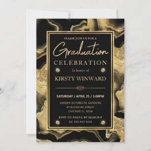 Elegant Black & Gold Glitter Agate Graduation Invitation