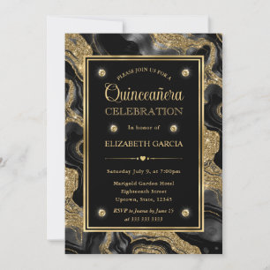 Elegant Black & Gold Glitter Agate Quinceanera Invitation
