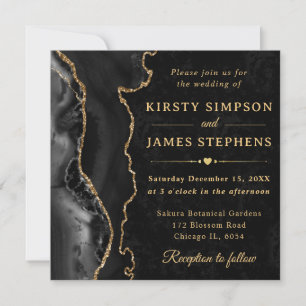Elegant Black Gold Glitter Agate Wedding Invitation