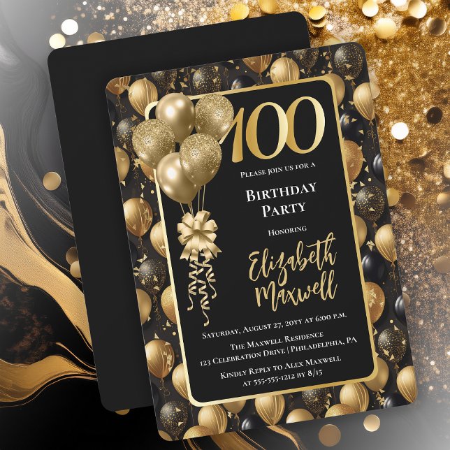 Elegant Black Gold Glitter Balloon 100th Birthday  Invitation (Elegant Black Gold-Tone Faux Glitter Balloons Pattern 100th Birthday Party Invitation 
Print Digital)