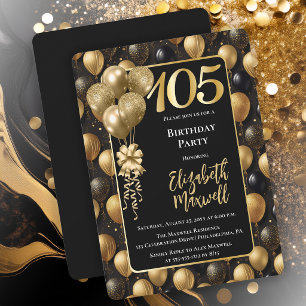 Elegant Black Gold Glitter Balloons 105th Birthday Invitation