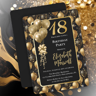 Elegant Black Gold Glitter Balloons 18th Birthday  Invitation