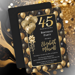 Elegant Black Gold Glitter Balloons 45th Birthday  Invitation