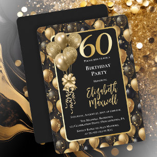 Elegant Black Gold Glitter Balloons 60th Birthday  Invitation