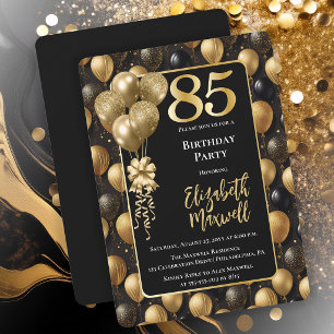 Elegant Black Gold Glitter Balloons 85th Birthday Invitation