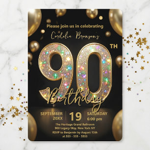 Elegant Black Gold Glitter Balloons 90th Birthday Invitation