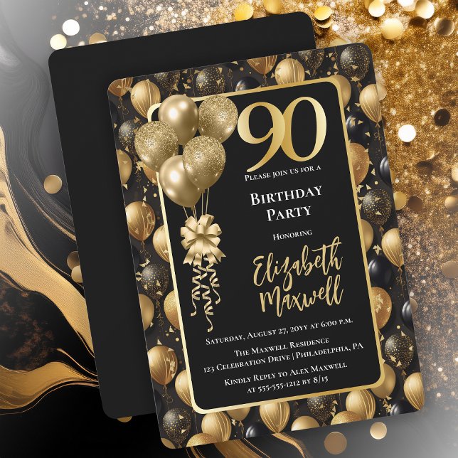 Elegant Black Gold Glitter Balloons 90th Birthday  Invitation (Elegant Black Gold-Tone Faux Glitter Balloons Pattern 90th Birthday Party Invitation 
Print Digital)